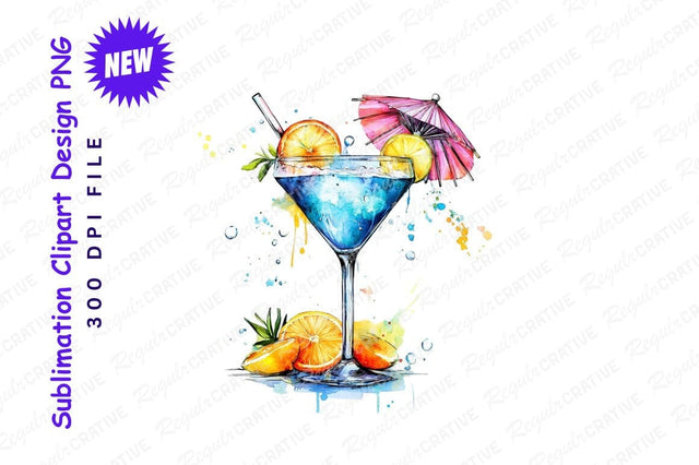 Watercolor Blue Cocktail With Citrus And Umbrella Sublimation Regulrcrative 