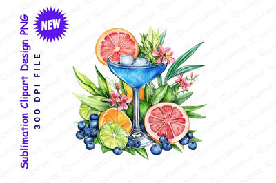 Watercolor Blue Cocktail With Fruits And Flowers Sublimation Regulrcrative 
