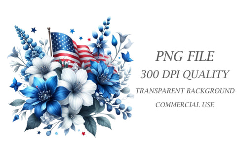Watercolor Blue Flower 4th July Clipart Sublimation Rupkotha 
