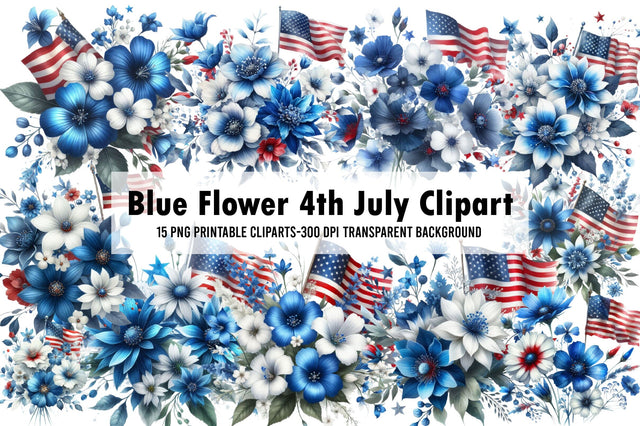 Watercolor Blue Flower 4th July Clipart Sublimation Rupkotha 