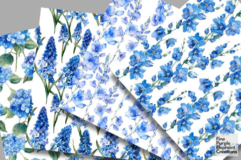 Watercolor Blue Flowers Digital Paper | Delicate Mothers Day Digital Pattern Fine Purple Elephant Creations 