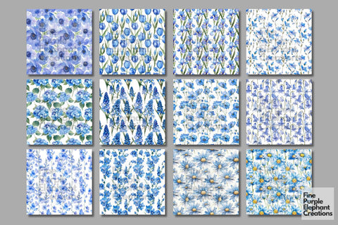 Watercolor Blue Flowers Digital Paper | Delicate Mothers Day Digital Pattern Fine Purple Elephant Creations 