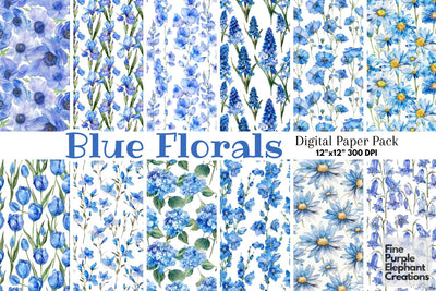 Watercolor Blue Flowers Digital Paper | Delicate Mothers Day Digital Pattern Fine Purple Elephant Creations 