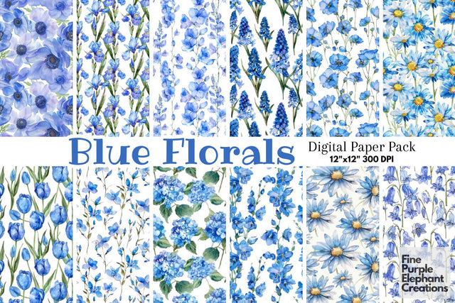 Watercolor Blue Flowers Digital Paper | Delicate Mothers Day Digital Pattern Fine Purple Elephant Creations 
