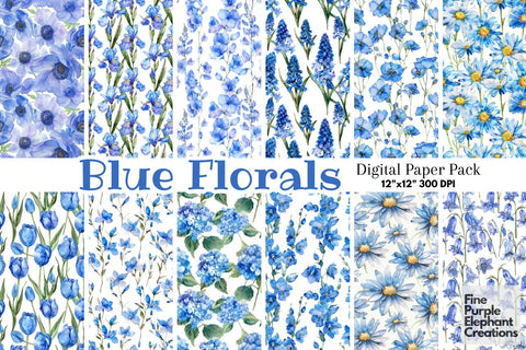 Watercolor Blue Flowers Digital Paper | Delicate Mothers Day Digital Pattern Fine Purple Elephant Creations 