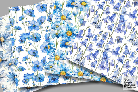 Watercolor Blue Flowers Digital Paper | Delicate Mothers Day Digital Pattern Fine Purple Elephant Creations 