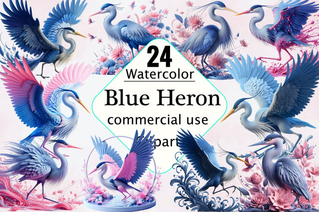 Watercolor Blue Heron Clipart Bundle Sublimation SVGArt 