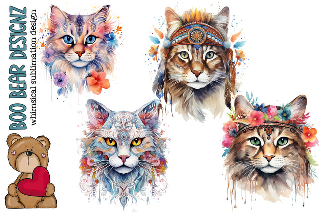 Watercolor Boho Cat Clipart Sublimation Boo Bear Designz 