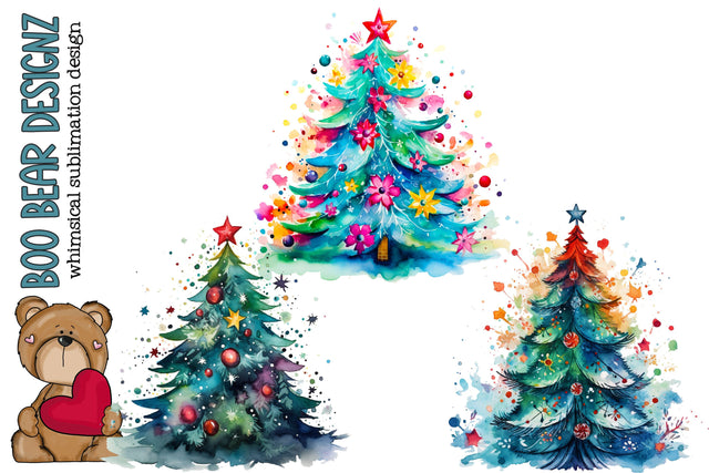 Watercolor Boho Christmas tree Clipart SVG Boo Bear Designz 