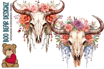 Watercolor Boho Cow Skull Clipart Sublimation Boo Bear Designz 