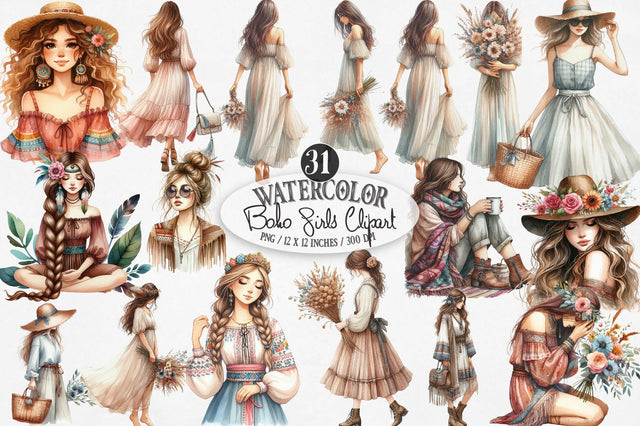 Watercolor Boho Girls Clipart Sublimation SVGista 