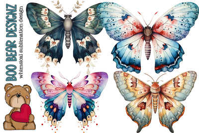Watercolor Boho Moths Clipart 3D Paper Boo Bear Designz 