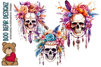 Watercolor Boho Skull Clipart SVG Boo Bear Designz 