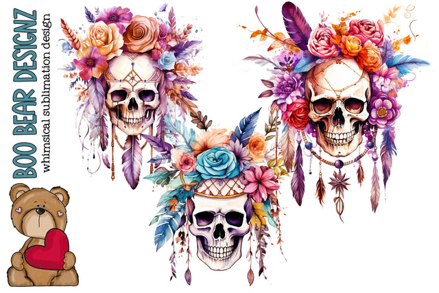 Watercolor Boho Skull Clipart SVG Boo Bear Designz 
