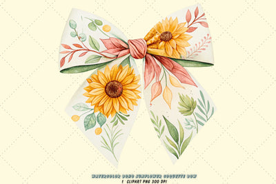Watercolor Boho Sunflower Coquette Bow Clipart, watercolor boho bow, sunflower coquette bow, artistic bow design, boho sunflower clipart, digital bow design, blended watercolor bow, sunflower bow art, boho artistic design Sublimation FloridPrintables 