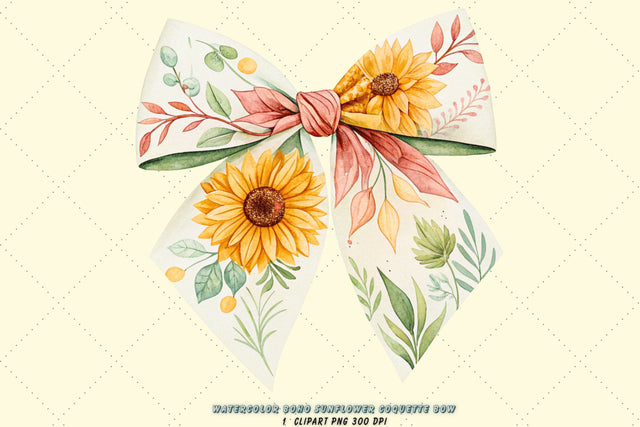 Watercolor Boho Sunflower Coquette Bow Clipart, watercolor boho bow, sunflower coquette bow, artistic bow design, boho sunflower clipart, digital bow design, blended watercolor bow, sunflower bow art, boho artistic design Sublimation FloridPrintables 