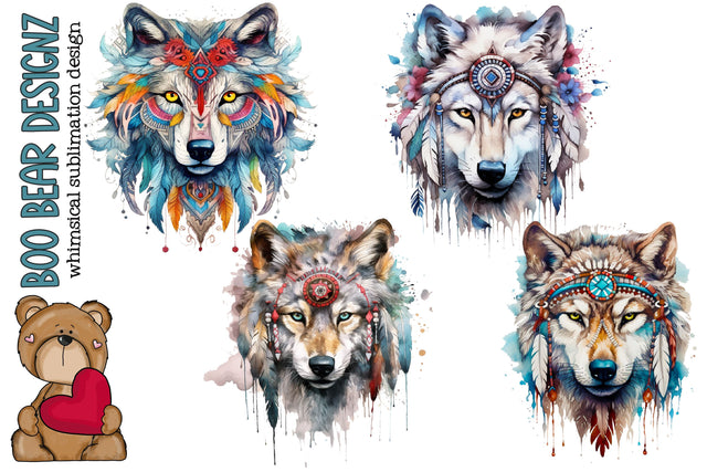 Watercolor Boho Wolf Clipart set Sublimation Boo Bear Designz 