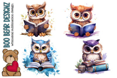 Watercolor Bookworm owl Clipart Sublimation Boo Bear Designz 