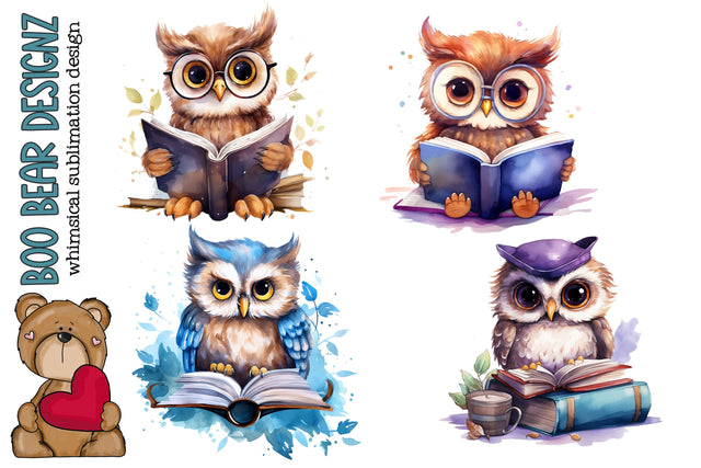 Watercolor Bookworm owl Clipart Sublimation Boo Bear Designz 