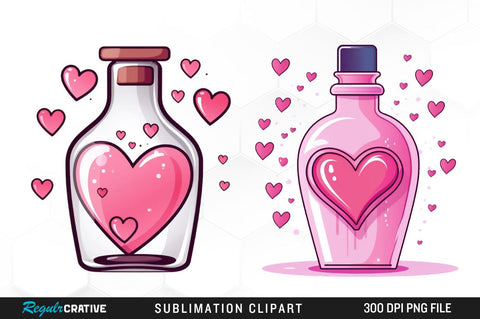 Watercolor Bottle filled pink with a Heart Clipart Bundle Sublimation Regulrcrative 