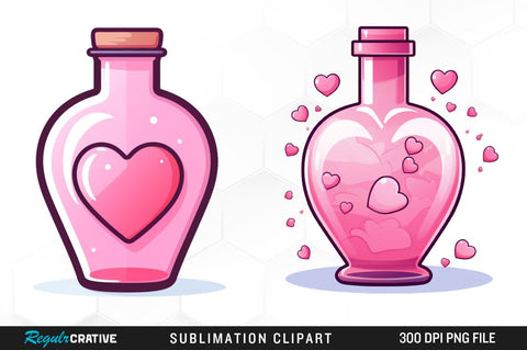 Watercolor Bottle filled pink with a Heart Clipart Bundle Sublimation Regulrcrative 