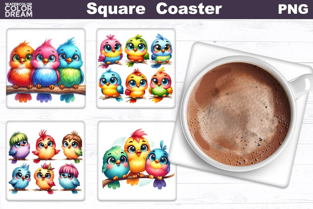 Watercolor Bright Birds Square Coaster Sublimation WatercolorColorDream 