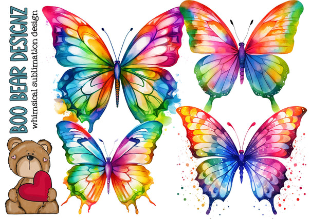 Watercolor Bright Rainbow Butterfly Clipart Sublimation Boo Bear Designz 