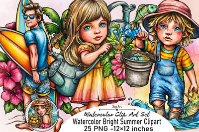 Watercolor Bright Summer Clipart Bundle. Sublimation SVGArt 