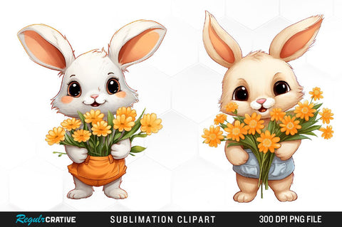 Watercolor Bunnies with Flowers Clipart Bundle Sublimation Regulrcrative 