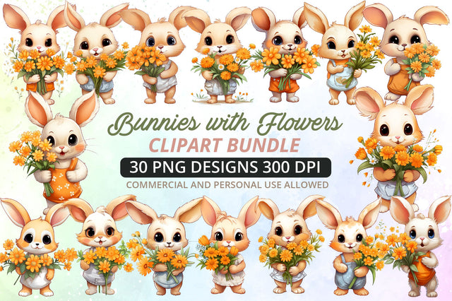 Watercolor Bunnies with Flowers Clipart Bundle Sublimation Regulrcrative 