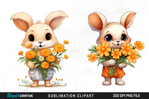 Watercolor Bunnies with Flowers Clipart Bundle Sublimation Regulrcrative 