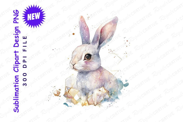 Watercolor Bunny Portrait With Geometric Crystals For Easter Or Spring Decor Illustration Art Sublimation Regulrcrative 