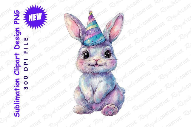 Watercolor bunny with birthday hat clipart png Sublimation Regulrcrative 