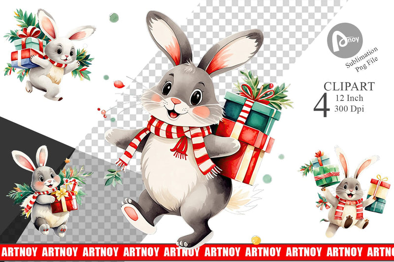Watercolor Bunny with Christmas Gifts Clipart Sublimation artnoy 