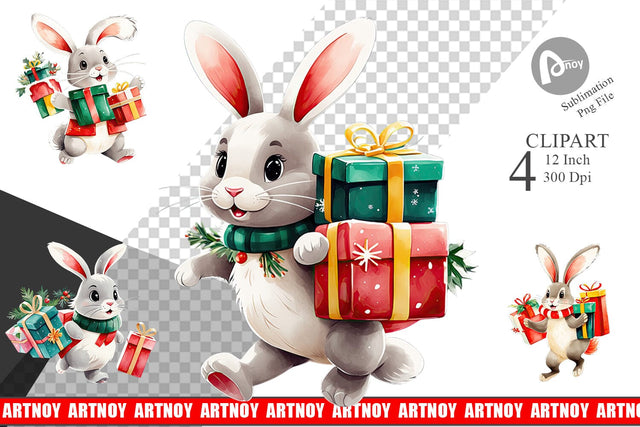 Watercolor Bunny with Christmas Gifts Clipart Sublimation artnoy 