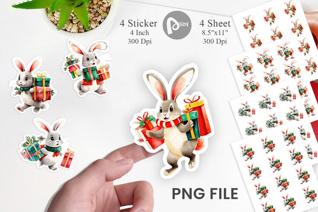 Watercolor Bunny with Christmas Gifts Sticker Sublimation artnoy 