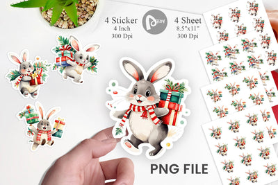 Watercolor Bunny with Christmas Gifts Sticker Sublimation artnoy 