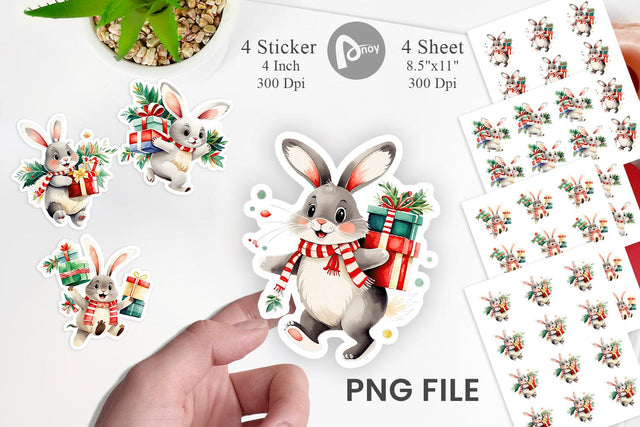 Watercolor Bunny with Christmas Gifts Sticker Sublimation artnoy 