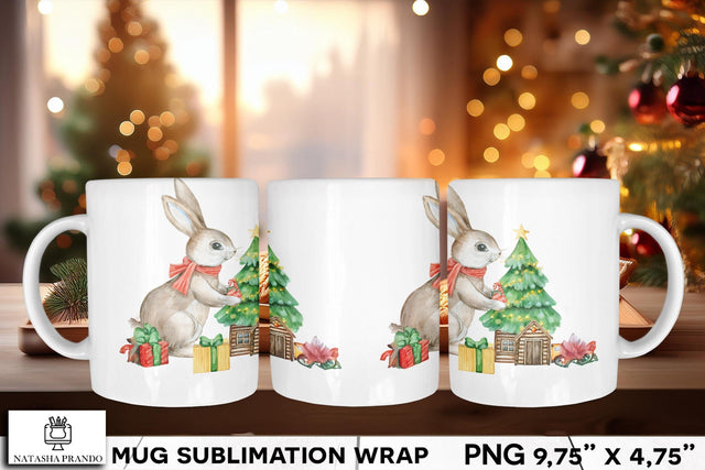 Watercolor Bunny with Christmas Tree Mug Wrap Sublimation Sublimation Natasha Prando 