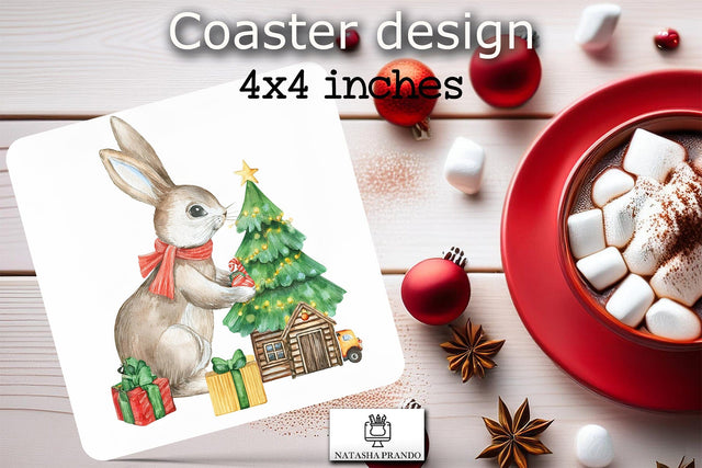 Watercolor Bunny with Christmas Tree Square Coaster Sublimation Design Sublimation Natasha Prando 