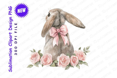 Watercolor bunny with pink bow and roses Sublimation Regulrcrative 