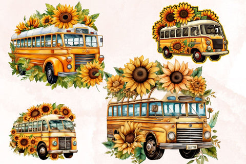 Watercolor Bus School with Sunflower Clipart Bundle Sublimation Designangry 