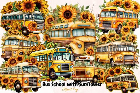Watercolor Bus School with Sunflower Clipart Bundle Sublimation Designangry 