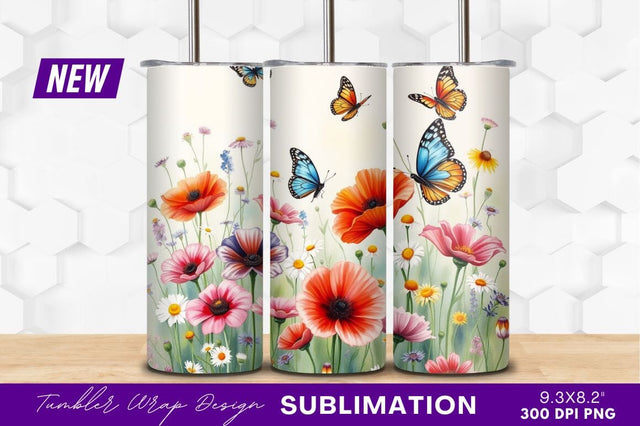 Watercolor Butterflies And Flowers Tumbler Png Sublimation Regulrcrative 