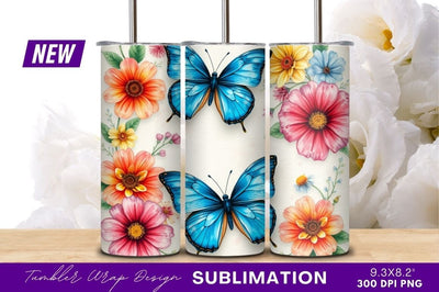 Watercolor butterflies and flowers tumbler png Sublimation Regulrcrative 