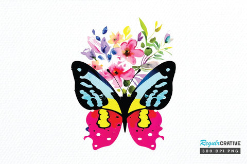 Watercolor Butterfly Floral Clipart PNG – Colorful Butterfly with Flowers SVG Regulrcrative 