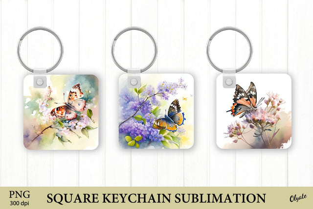 Watercolor Butterfly Keychain. Square Keychain PNG Sublimation Olga Terlyanskaya 