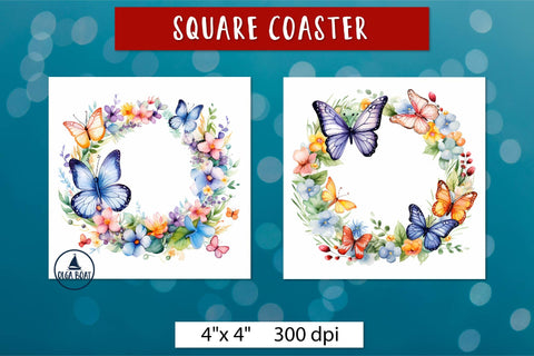 Watercolor butterfly, Spring square coasters sublimation Sublimation Olga Boat Design 