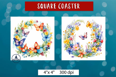 Watercolor butterfly, Spring square coasters sublimation Sublimation Olga Boat Design 