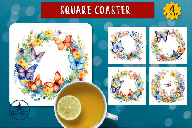 Watercolor butterfly, Spring square coasters sublimation Sublimation Olga Boat Design 